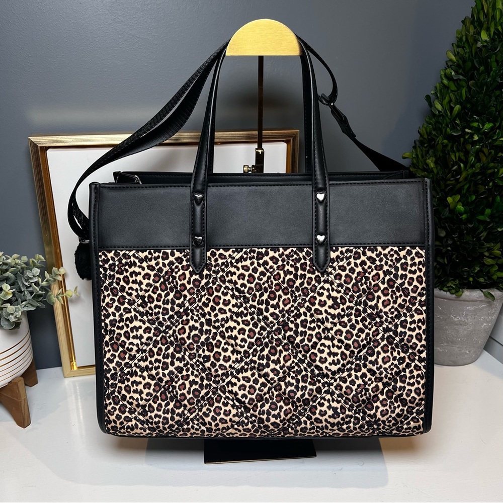 Betsey Johnson XOBECA Tote Quilted Leopard Black Crossbody Strap Heart Bag Charm - Picture 7 of 16